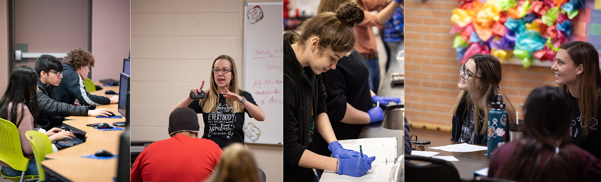 In this collage of pictures, SSC students and teachers are shown engaged in several classroom and lab settings.